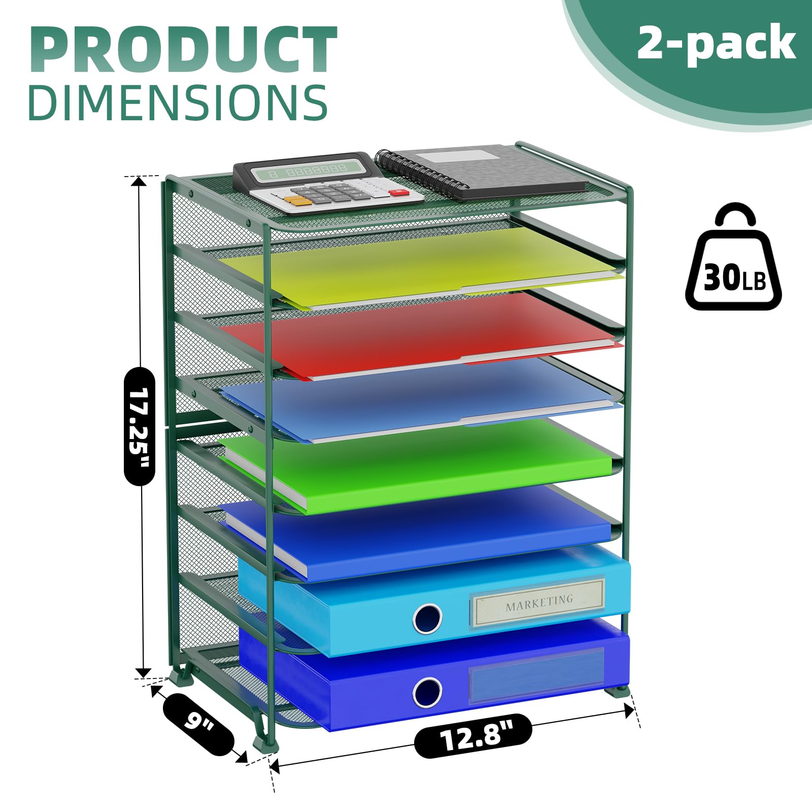 Simple Trending 7 Tier Desk File Organizer, Letter Tray Paper Organizer with Pen Holder and Metal Hanging Basket, Black