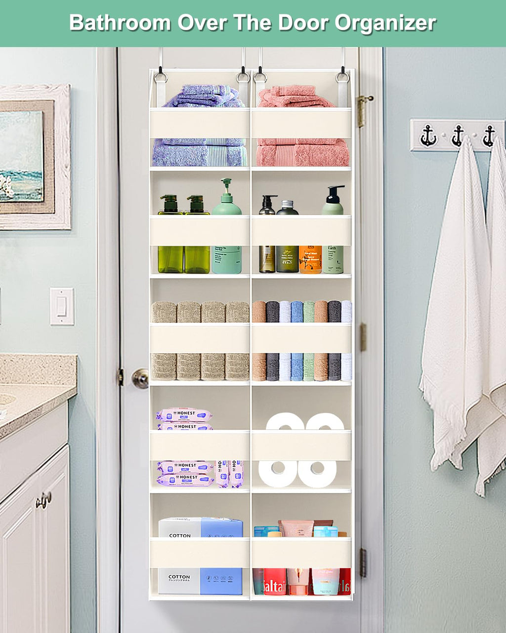 Heavy Duty Over The Door Organizer 5 Tiers, Extra Large Behind Door Storage of 10 Big Front & 10 Mesh Pockets, 80lb Weight Capacity, Hanging Doors Storage Organizer for Closet Bedroom Nursery, Grey