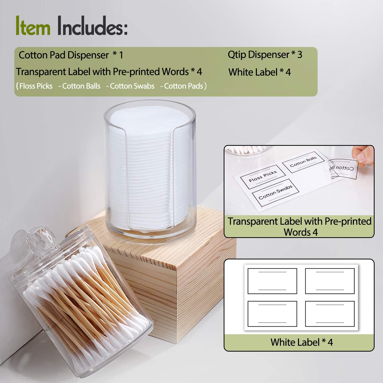 4 Pack Acrylic Qtip Holder Dispenser for Cotton Swabs, Balls, Pads, Floss Picks- Small Clear Plastic Canister Apothecary Jar Set, Bathroom Essentials Accessories Decor, Vanity Makeup Storage Organizer