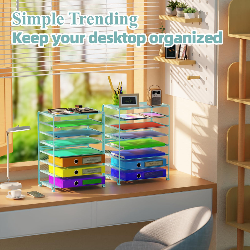 Simple Trending 7 Tier Desk File Organizer, Letter Tray Paper Organizer with Pen Holder and Metal Hanging Basket, Black