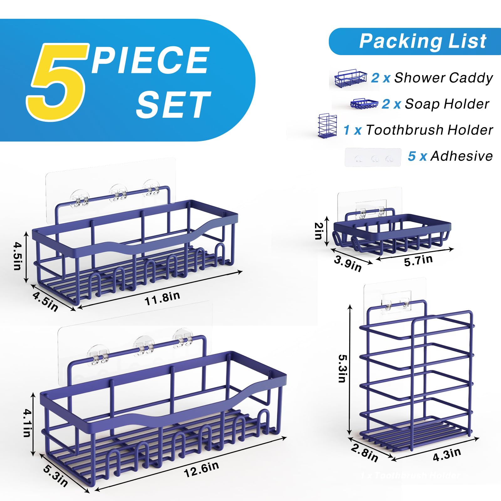 EUDELE Adhesive Shower Caddy, 5 Pack Rustproof Stainless Steel Bath Organizers With Large Capacity, No Drilling Shelves for Bathroom Storage & Home Decor