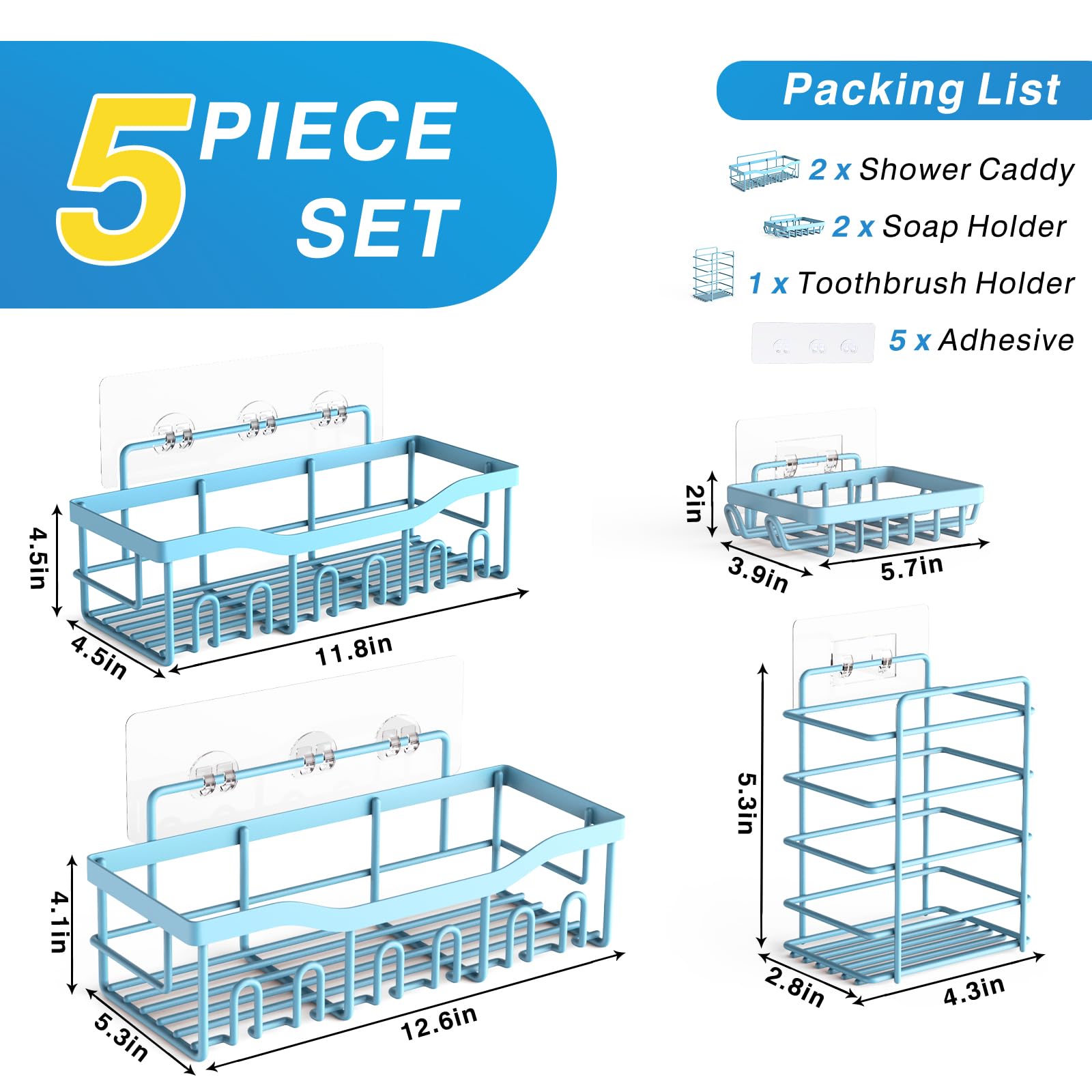 EUDELE Adhesive Shower Caddy, 5 Pack Rustproof Stainless Steel Bath Organizers With Large Capacity, No Drilling Shelves for Bathroom Storage & Home Decor