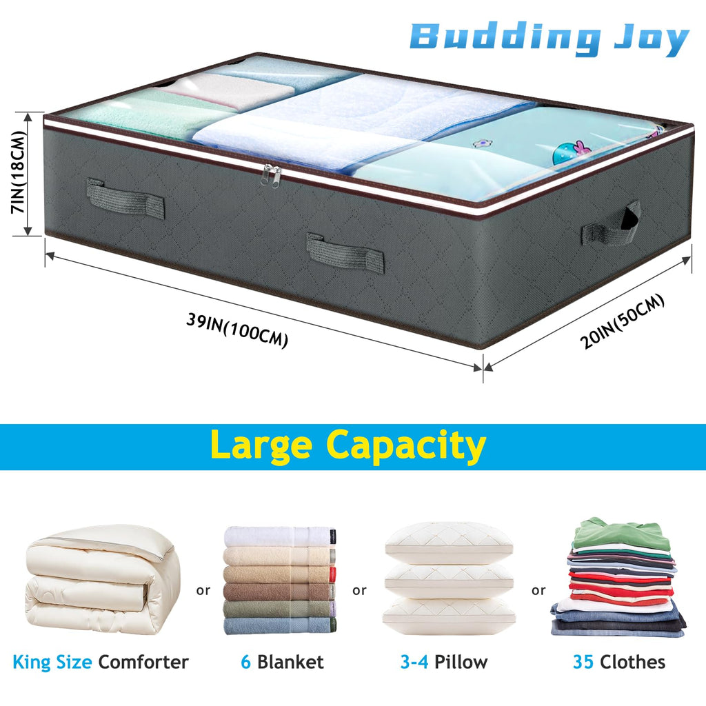 Budding Joy 90L Under Bed Storage Containers, Closet Organizers and Storage Bins, Foldable Underbed Storage Bags for Blanket, Clothing, Comforter, Sweaters, Pillows, Linen Sheets, Wrapping Paper, Grey