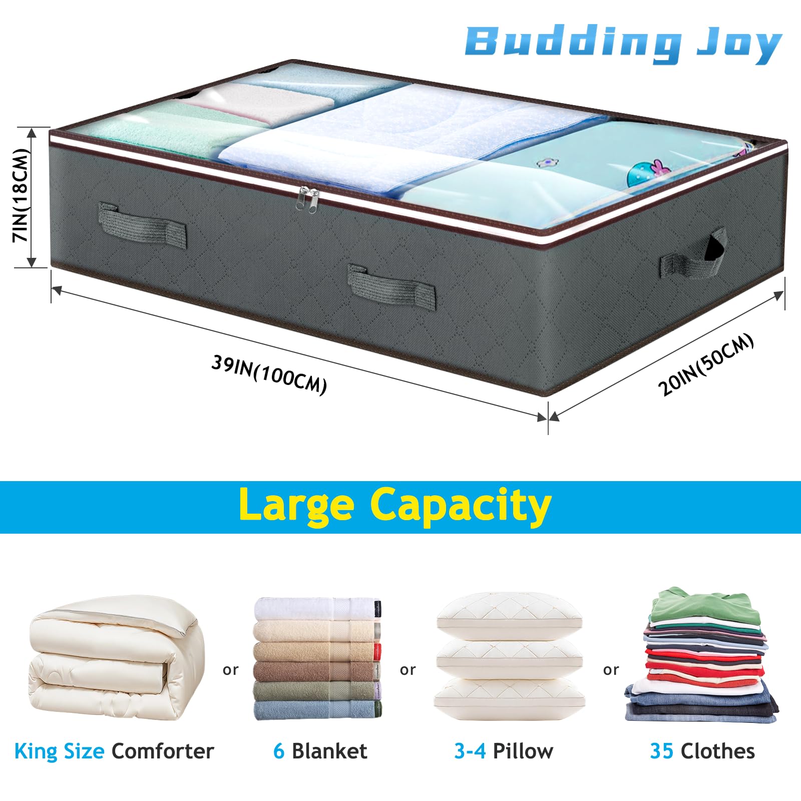 Budding Joy 90L Under Bed Storage Containers, Closet Organizers and Storage Bins, Foldable Underbed Storage Bags for Blanket, Clothing, Comforter, Sweaters, Pillows, Linen Sheets, Wrapping Paper, Grey