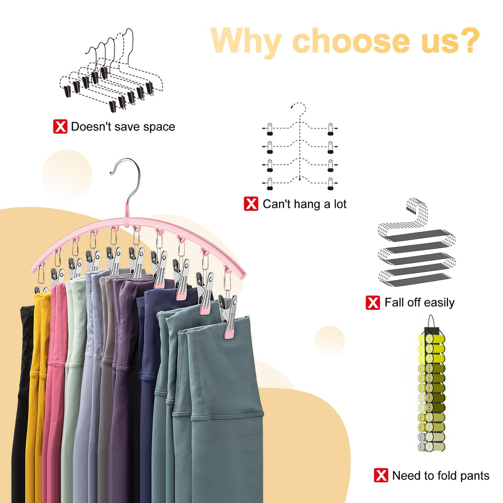 Legging Organizer for Closet, Metal Yoga Pants Hangers 2 Pack w/10 Clips Holds 20 Leggings, Space Saving Hanging Closet Organizer w/Rubber Coated Closet Organizers and Storage, Black