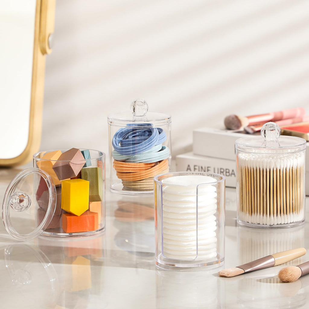 4 Pack Acrylic Qtip Holder Dispenser for Cotton Swabs, Balls, Pads, Floss Picks- Small Clear Plastic Canister Apothecary Jar Set, Bathroom Essentials Accessories Decor, Vanity Makeup Storage Organizer