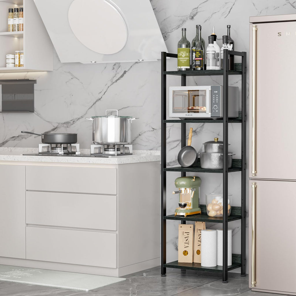 Furologee 5 Tier Bookshelf with Drawer, Tall Narrow Bookcase with Shelves, Wood and Metal Bookshelves Storage Organizer, Industrial Display Standing Shelf Unit for Bedroom, Living Room, Rustic Brown