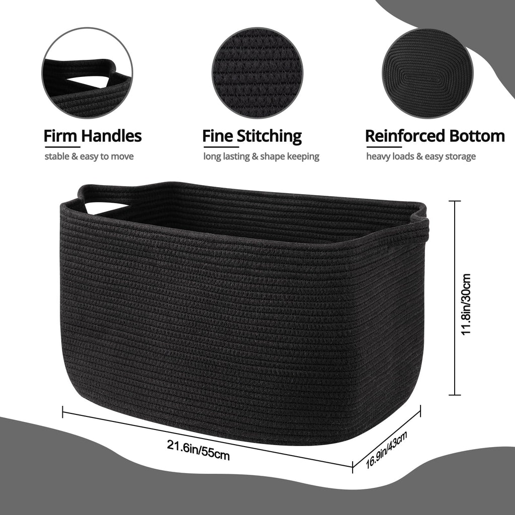 95L Extra Large Blanket Basket, 24" x 16.9" x 14.2" Woven Storage Basket for Living Room, Rectangle Nursery Blanket Storage for Toys, Towels, Dirty Clothes (Black)