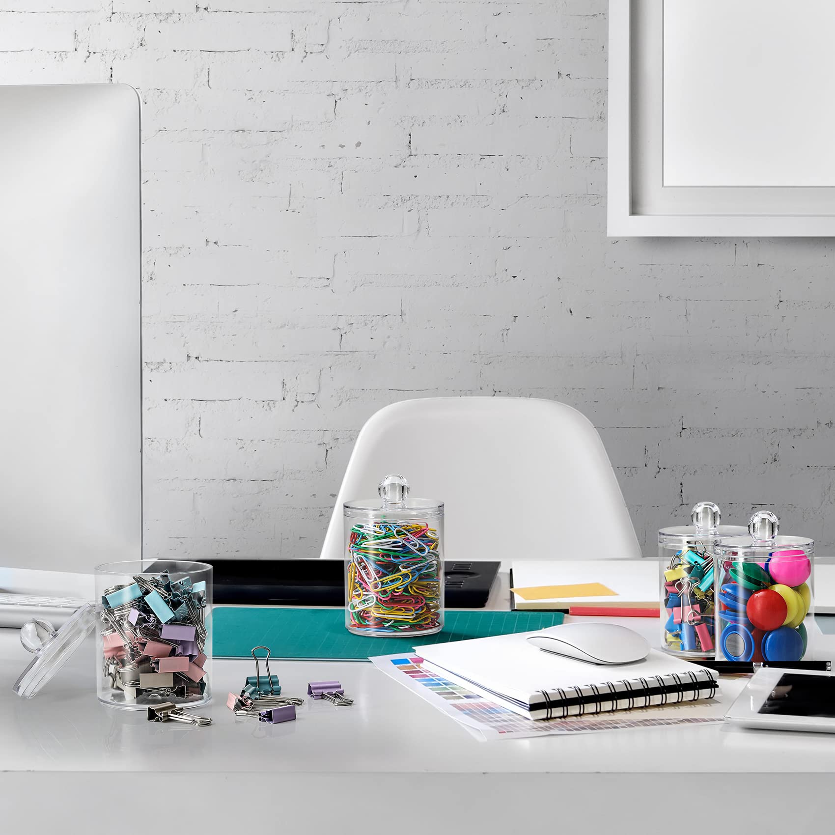 4 Pack Acrylic Qtip Holder Dispenser for Cotton Swabs, Balls, Pads, Floss Picks- Small Clear Plastic Canister Apothecary Jar Set, Bathroom Essentials Accessories Decor, Vanity Makeup Storage Organizer