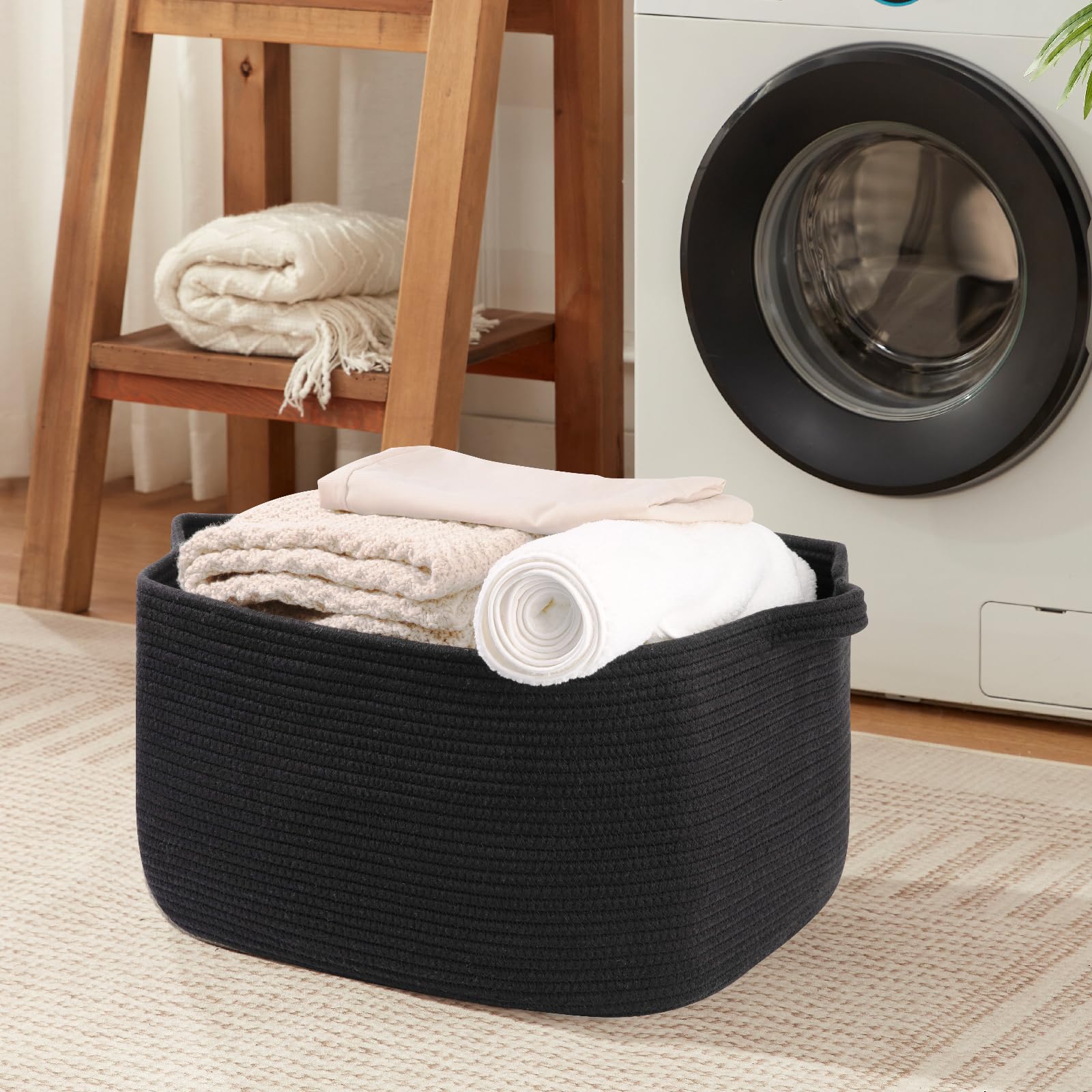 95L Extra Large Blanket Basket, 24" x 16.9" x 14.2" Woven Storage Basket for Living Room, Rectangle Nursery Blanket Storage for Toys, Towels, Dirty Clothes (Black)