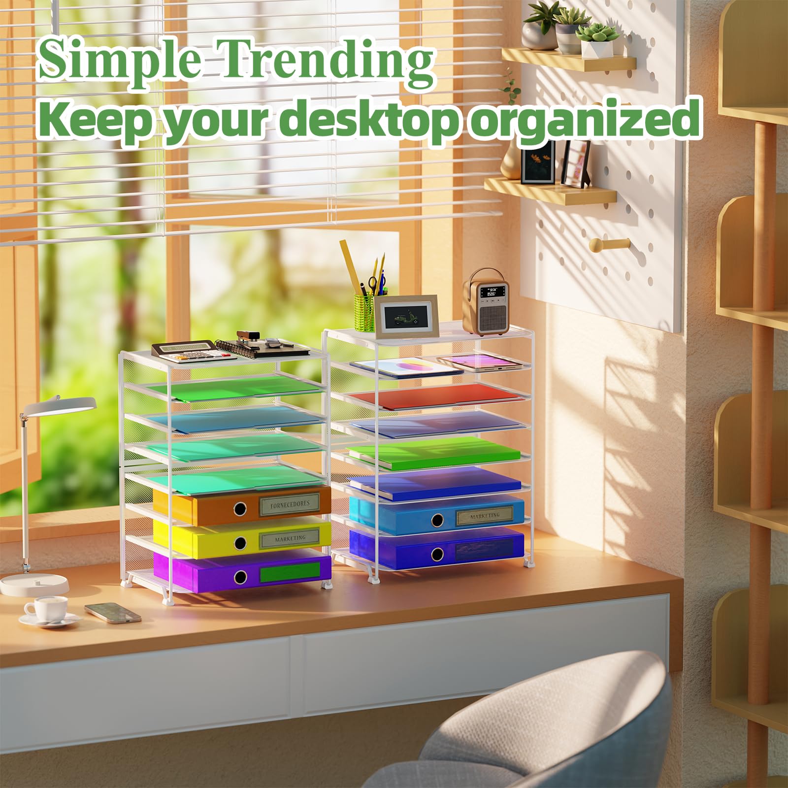 Simple Trending 7 Tier Desk File Organizer, Letter Tray Paper Organizer with Pen Holder and Metal Hanging Basket, Black
