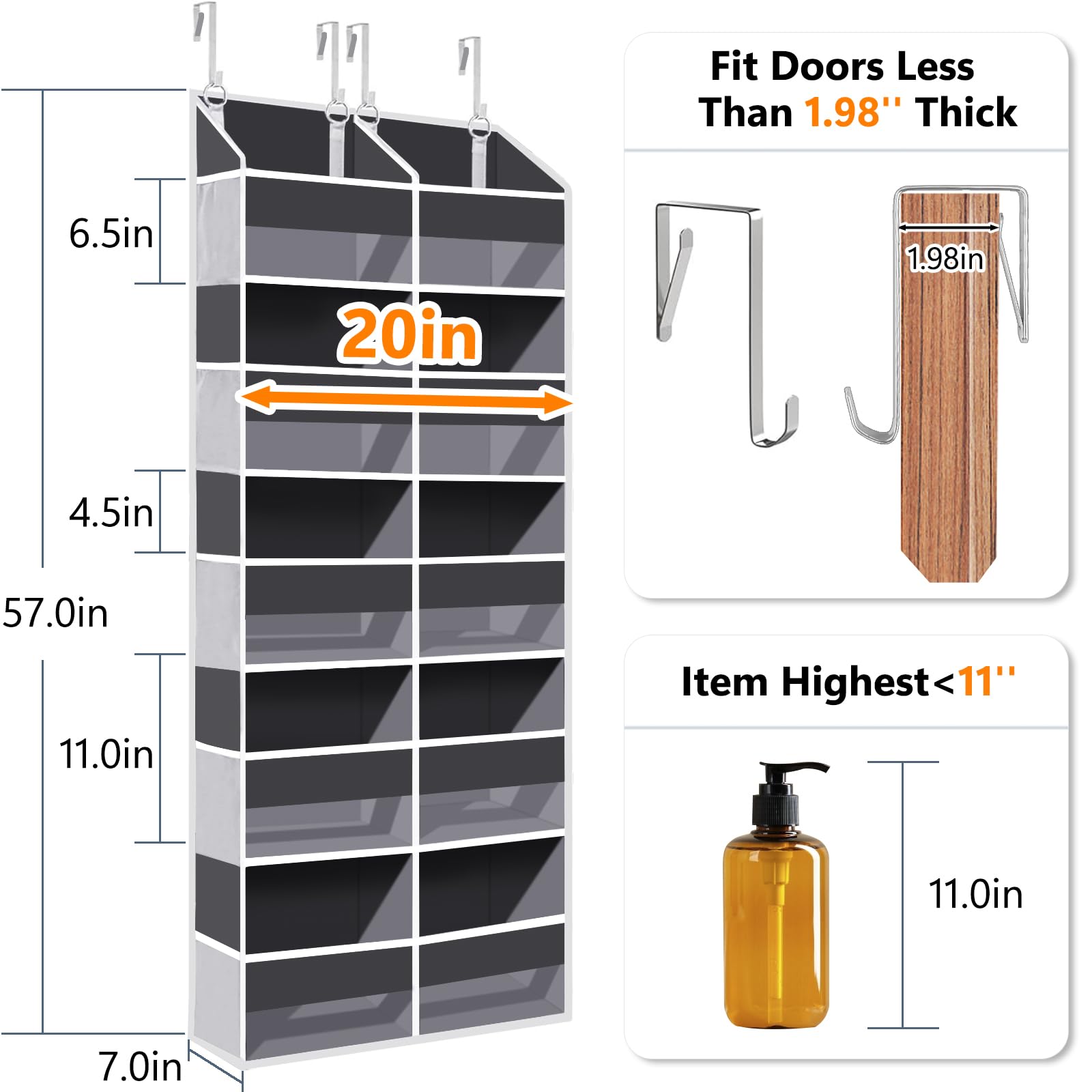 Heavy Duty Over The Door Organizer 5 Tiers, Extra Large Behind Door Storage of 10 Big Front & 10 Mesh Pockets, 80lb Weight Capacity, Hanging Doors Storage Organizer for Closet Bedroom Nursery, Grey