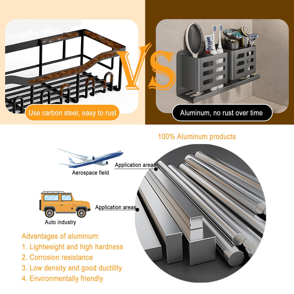 Aluminum Toothbrush Holder Self-Adhesive Hanging Bracket Shower Toothbrush Razor Holder Suitable for Toothbrush, Toothpaste, Razor and Comb etc Bathroom Storage