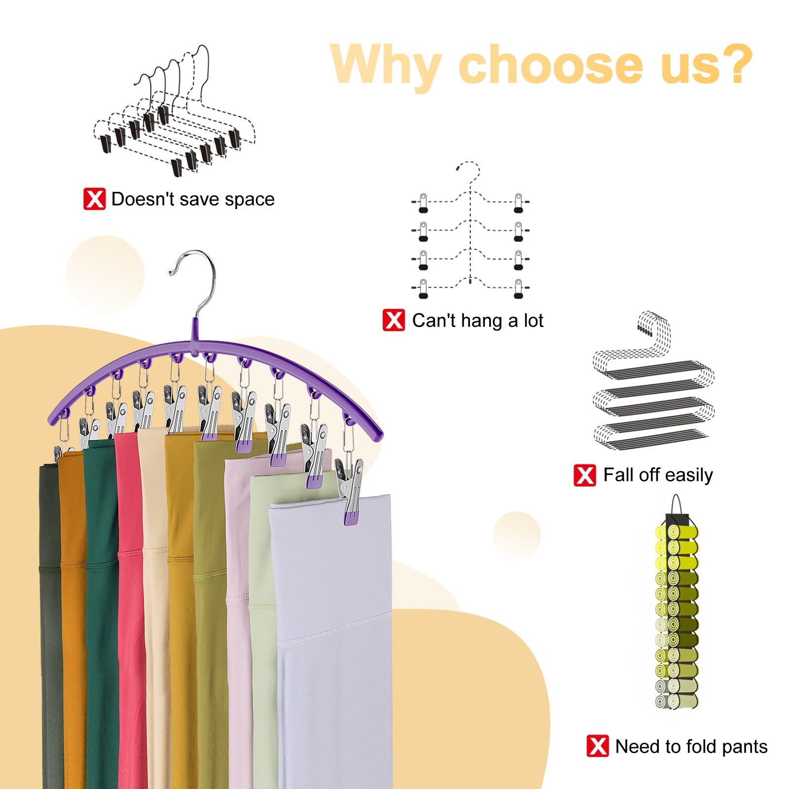 Legging Organizer for Closet, Metal Yoga Pants Hangers 2 Pack w/10 Clips Holds 20 Leggings, Space Saving Hanging Closet Organizer w/Rubber Coated Closet Organizers and Storage, Black