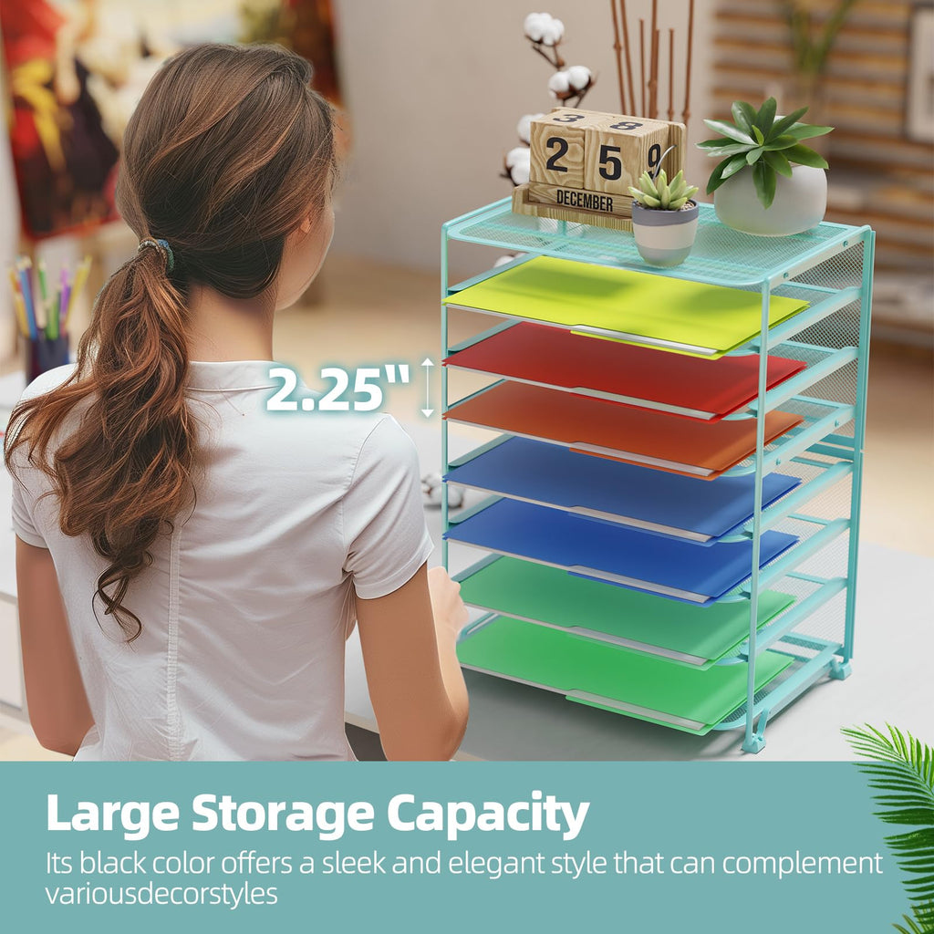 Simple Trending 7 Tier Desk File Organizer, Letter Tray Paper Organizer with Pen Holder and Metal Hanging Basket, Black