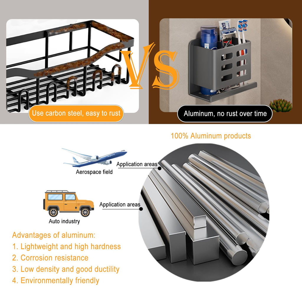 Aluminum Toothbrush Holder Self-Adhesive Hanging Bracket Shower Toothbrush Razor Holder Suitable for Toothbrush, Toothpaste, Razor and Comb etc Bathroom Storage