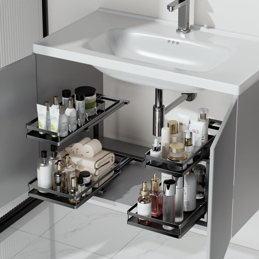 Under Sink Organizer, JCYLQ Dual-Rail Ball-Bearing, Under Kitchen Sink Organizer, 6-Level Adjustable, Under Cabinet Storage, No-Drill Adhesive/Suction, Under Sink Organizers and Storage (2-Pack)