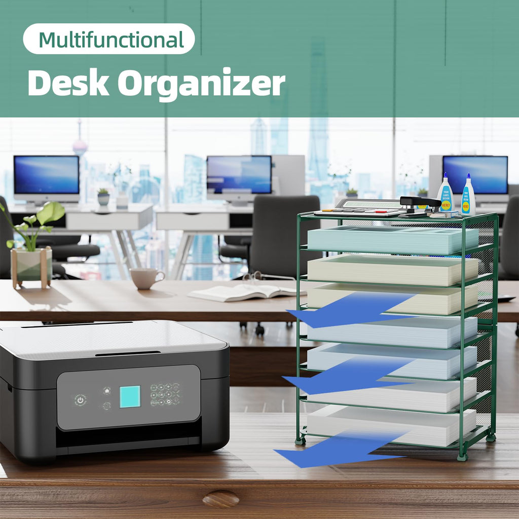 Simple Trending 7 Tier Desk File Organizer, Letter Tray Paper Organizer with Pen Holder and Metal Hanging Basket, Black