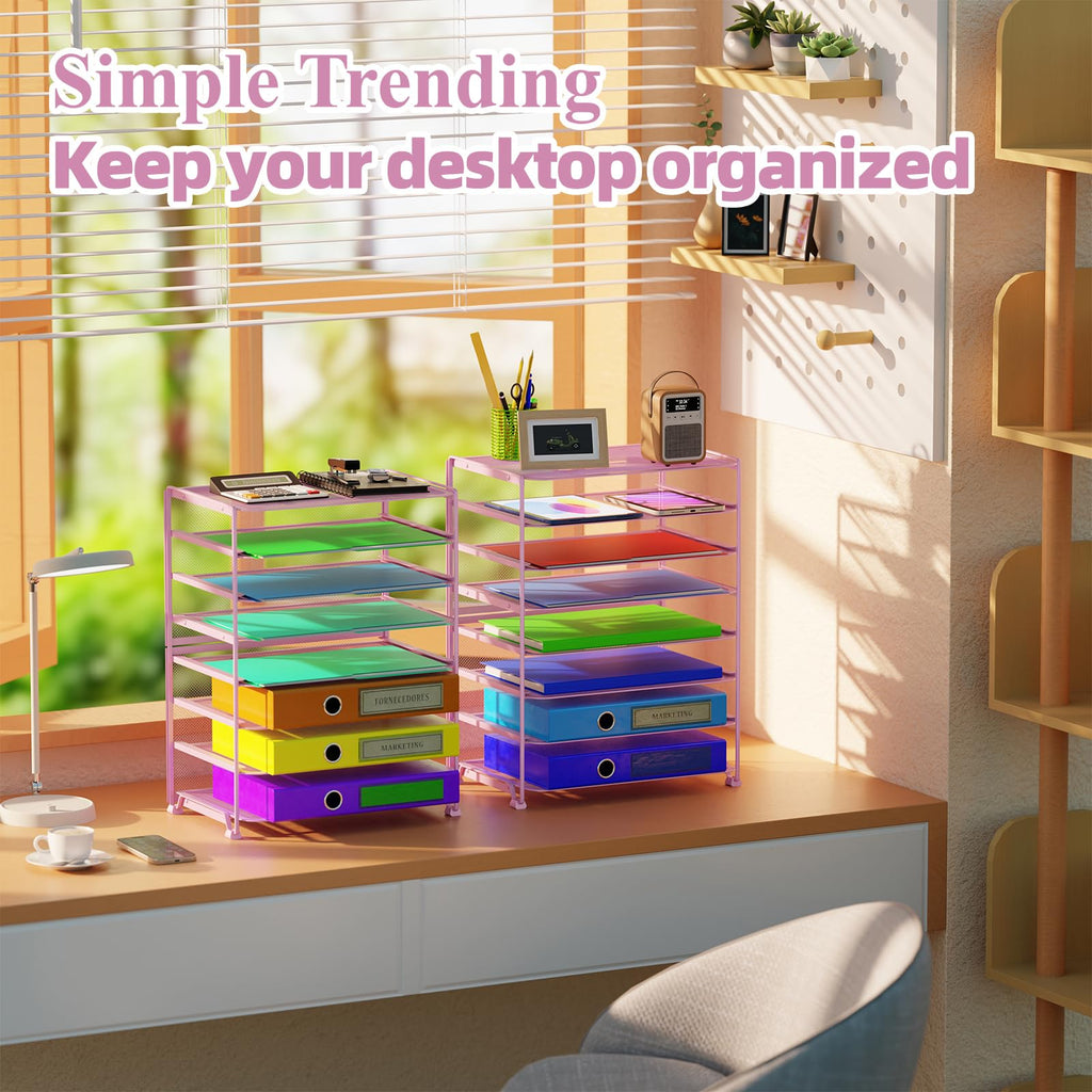 Simple Trending 7 Tier Desk File Organizer, Letter Tray Paper Organizer with Pen Holder and Metal Hanging Basket, Black