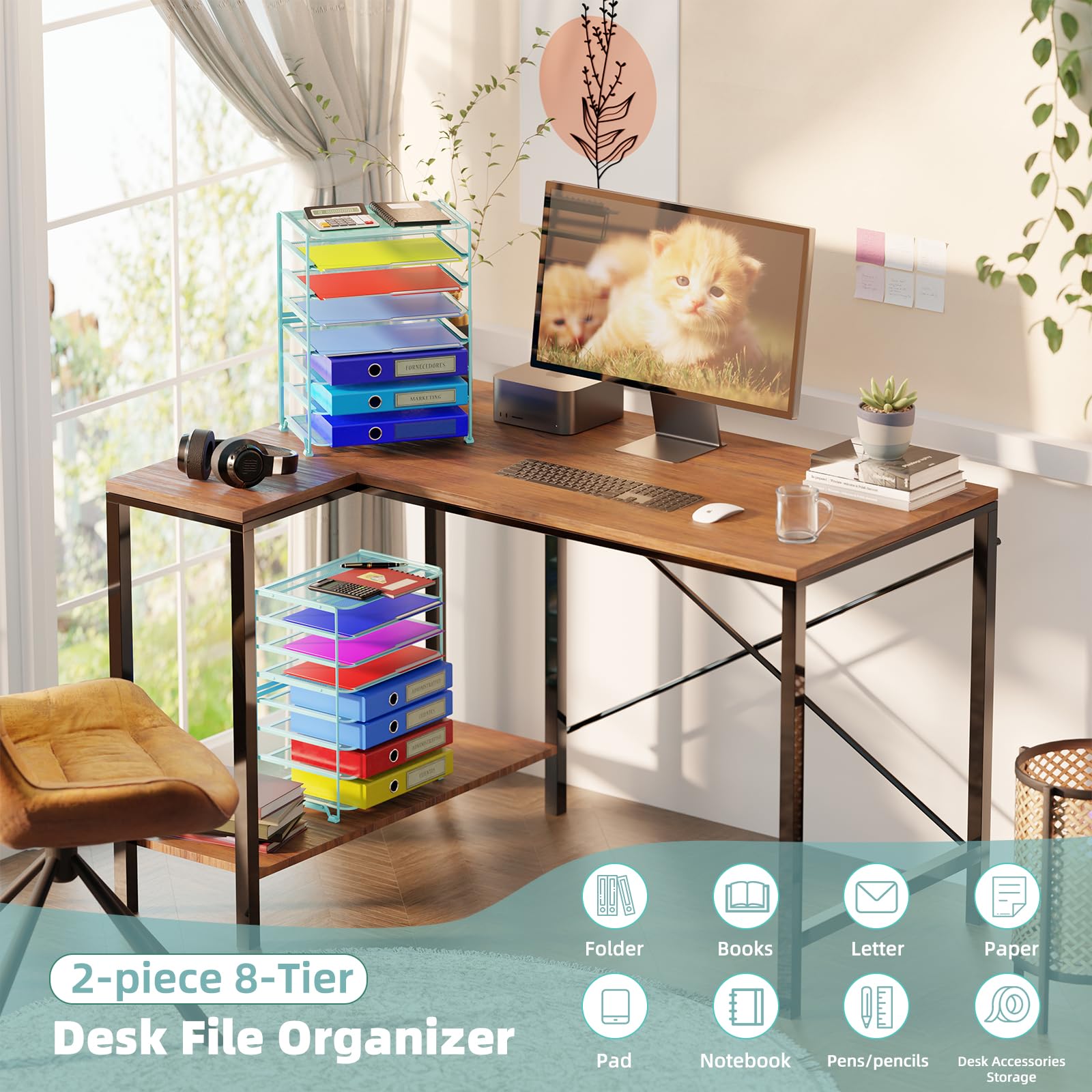 Simple Trending 7 Tier Desk File Organizer, Letter Tray Paper Organizer with Pen Holder and Metal Hanging Basket, Black