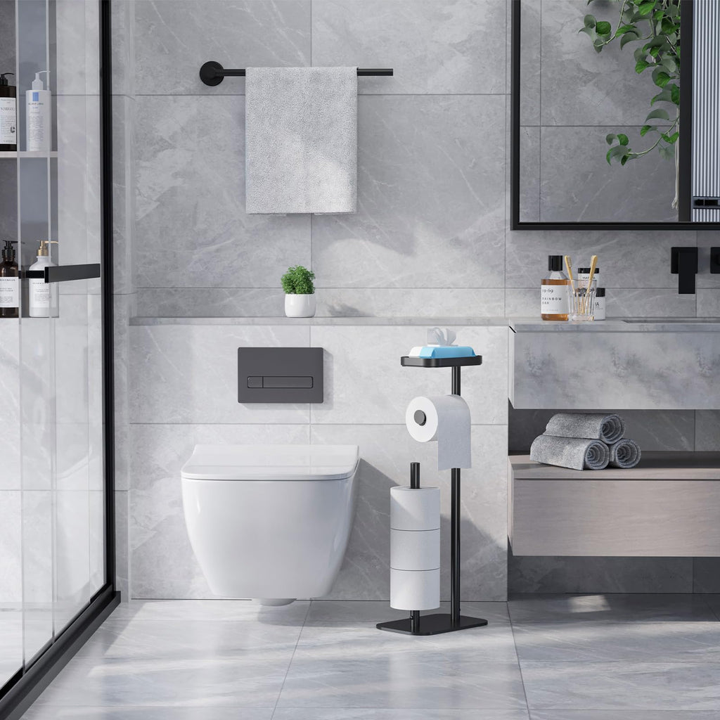 Kitsure Toilet Paper Holder Free Standing – Rustproof Metal Toilet Paper Stand for 4 Rolls with Anti-Slip Base and Shelf for Phone & Small Items, Bathroom Organizers and Storage, Medium, Black