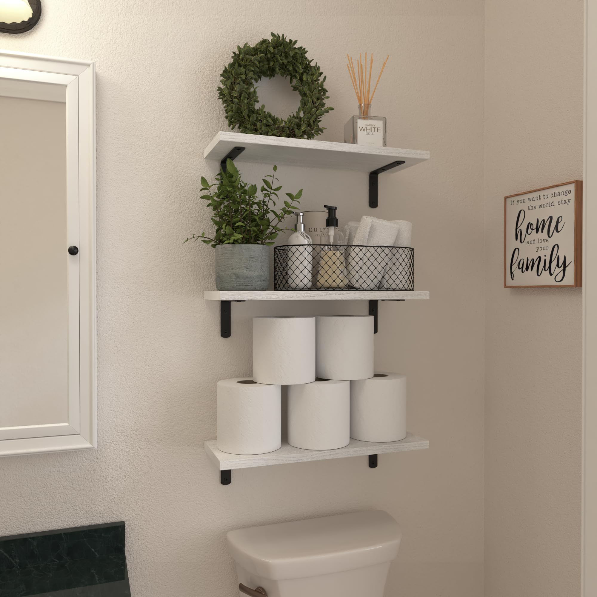 WOPITUES Wood Floating Shelves Set of 6, Shelves for Wall Decor, Farmhouse Shelf for Bedroom, Bathroom Storage Shelves, Book Shelves for Living Room - Rustic Brown