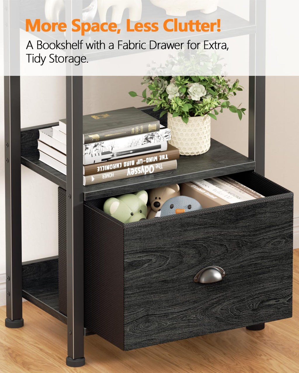 Furologee 5 Tier Bookshelf with Drawer, Tall Narrow Bookcase with Shelves, Wood and Metal Bookshelves Storage Organizer, Industrial Display Standing Shelf Unit for Bedroom, Living Room, Rustic Brown