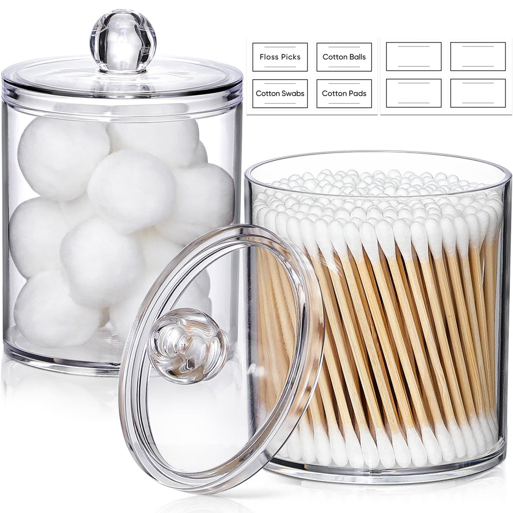 4 Pack Acrylic Qtip Holder Dispenser for Cotton Swabs, Balls, Pads, Floss Picks- Small Clear Plastic Canister Apothecary Jar Set, Bathroom Essentials Accessories Decor, Vanity Makeup Storage Organizer
