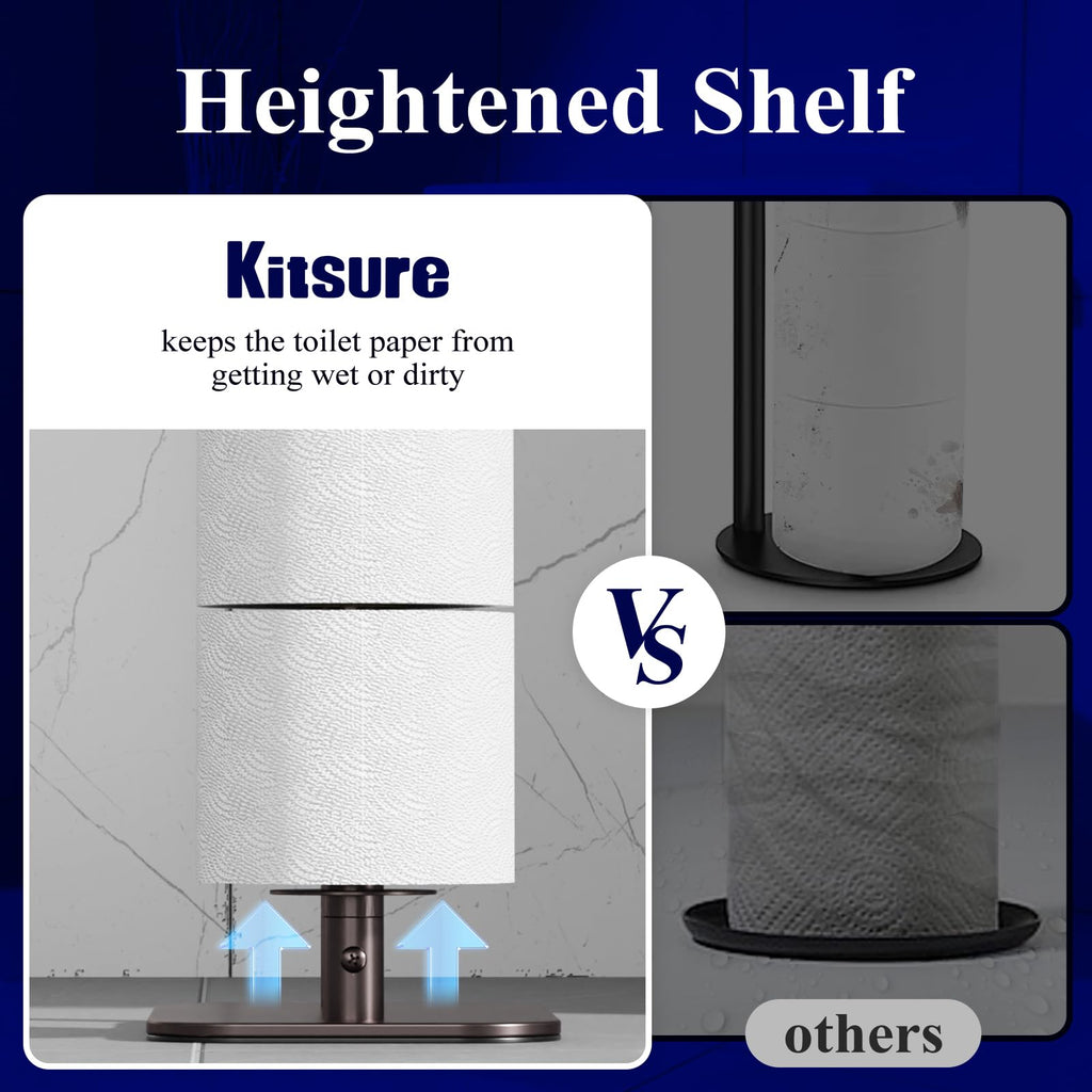 Kitsure Toilet Paper Holder Free Standing – Rustproof Metal Toilet Paper Stand for 4 Rolls with Anti-Slip Base and Shelf for Phone & Small Items, Bathroom Organizers and Storage, Medium, Black