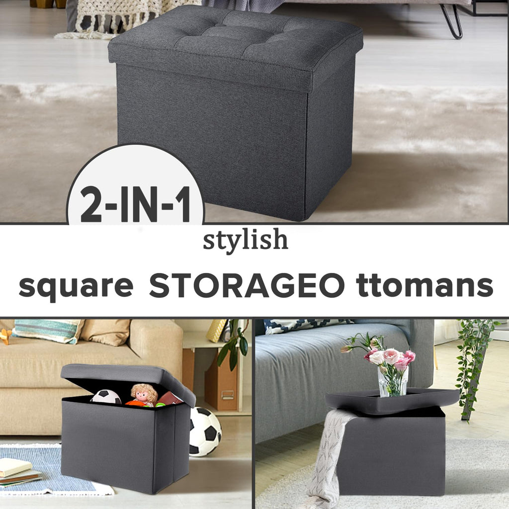 LINMAGCO Ottoman Storage Ottoman with Storage Small Foot Rest Stool Under Desk Stool Short Folding Footrest Linen Cloth Dark Gray 16X12X12IN