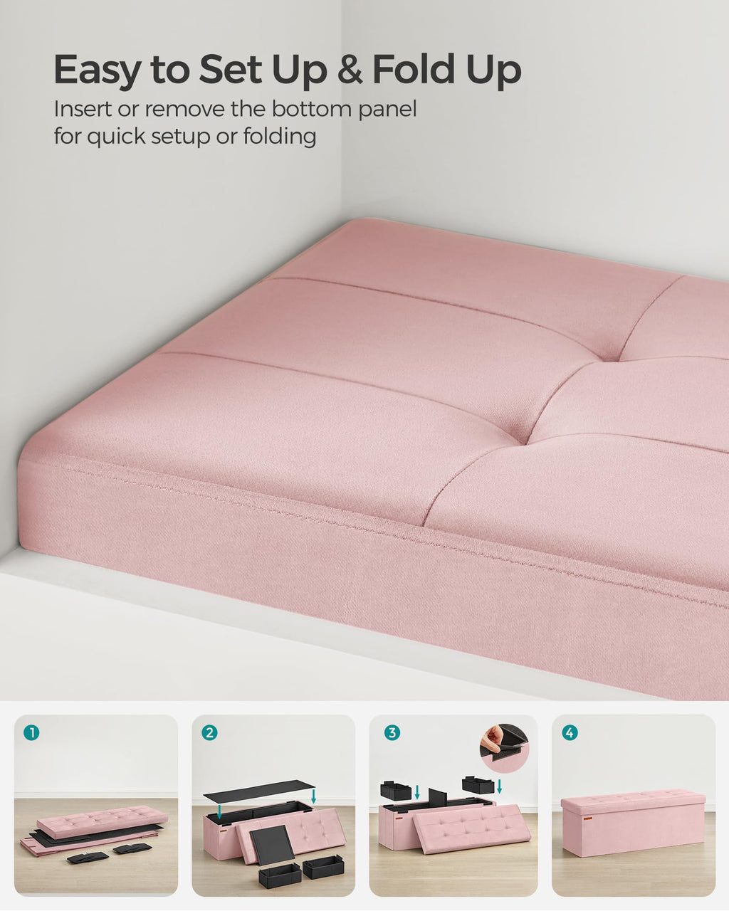 SONGMICS Mazie Collection - Storage Ottoman Bench, Foldable Foot Rest, 15 x 43 x 15 Inches, End of Bed Bench, Storage Chest, Load 660 lb, Living Room, Bedroom, Entryway, Jelly Pink ULSF277R01