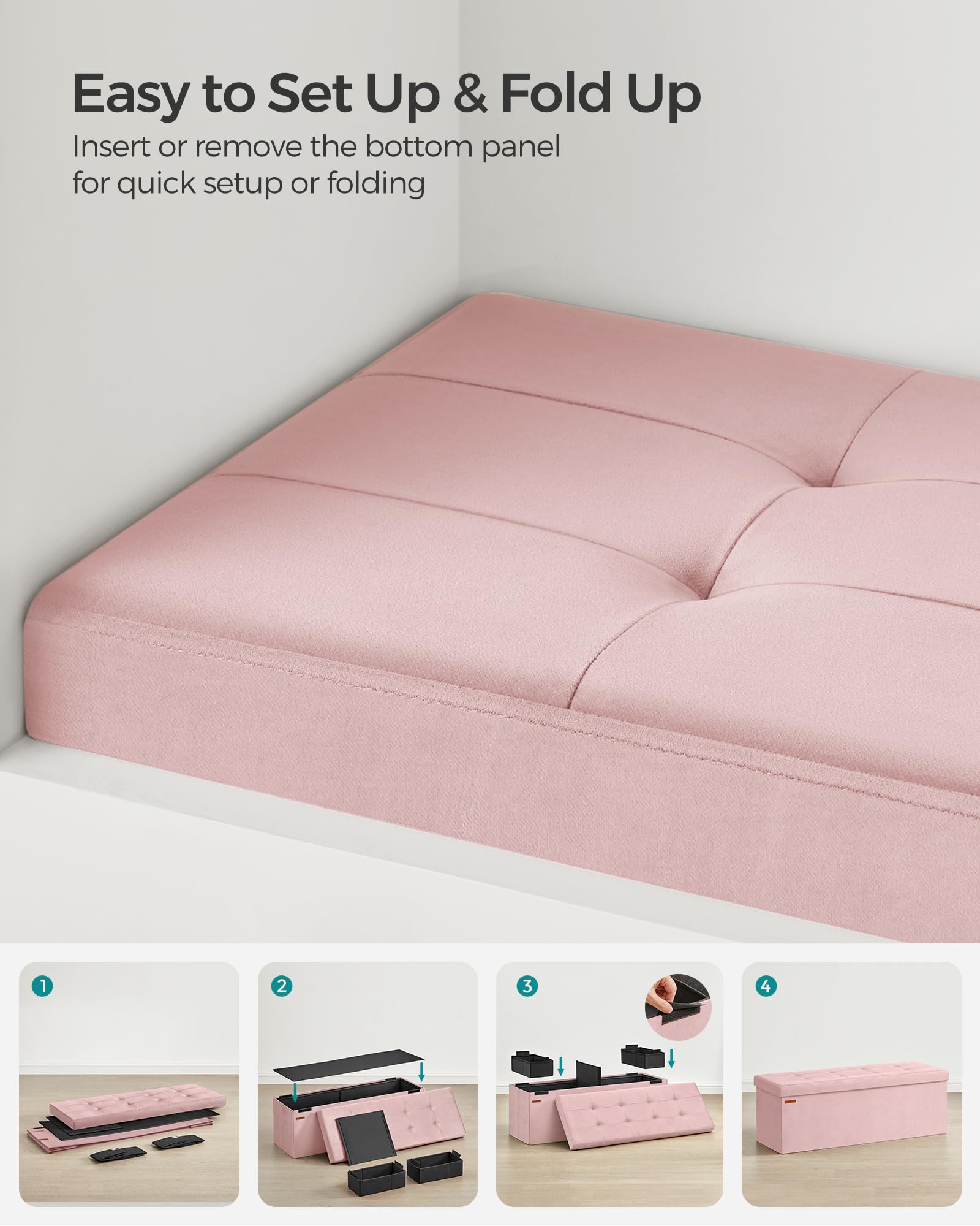 SONGMICS Mazie Collection - Storage Ottoman Bench, Foldable Foot Rest, 15 x 43 x 15 Inches, End of Bed Bench, Storage Chest, Load 660 lb, Living Room, Bedroom, Entryway, Jelly Pink ULSF277R01
