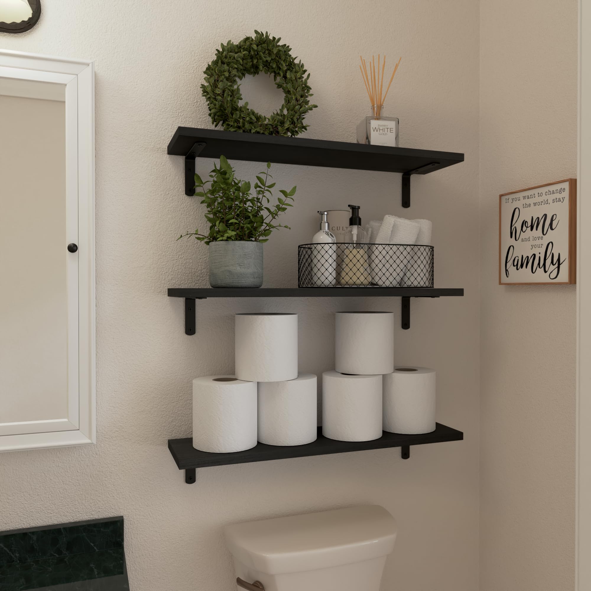 WOPITUES Wood Floating Shelves Set of 6, Shelves for Wall Decor, Farmhouse Shelf for Bedroom, Bathroom Storage Shelves, Book Shelves for Living Room - Rustic Brown