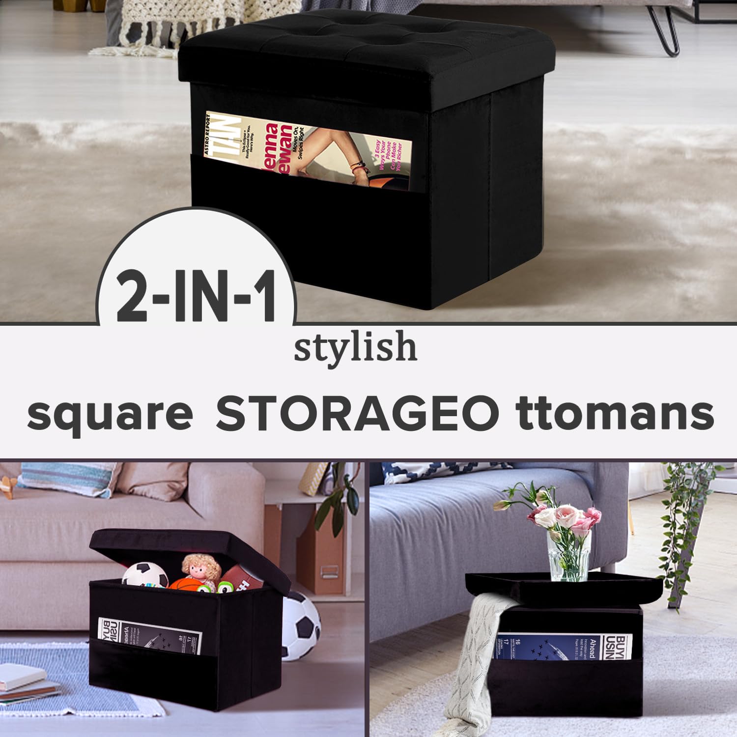 LINMAGCO Ottoman Storage Ottoman with Storage Small Foot Rest Stool Under Desk Stool Short Folding Footrest Linen Cloth Dark Gray 16X12X12IN