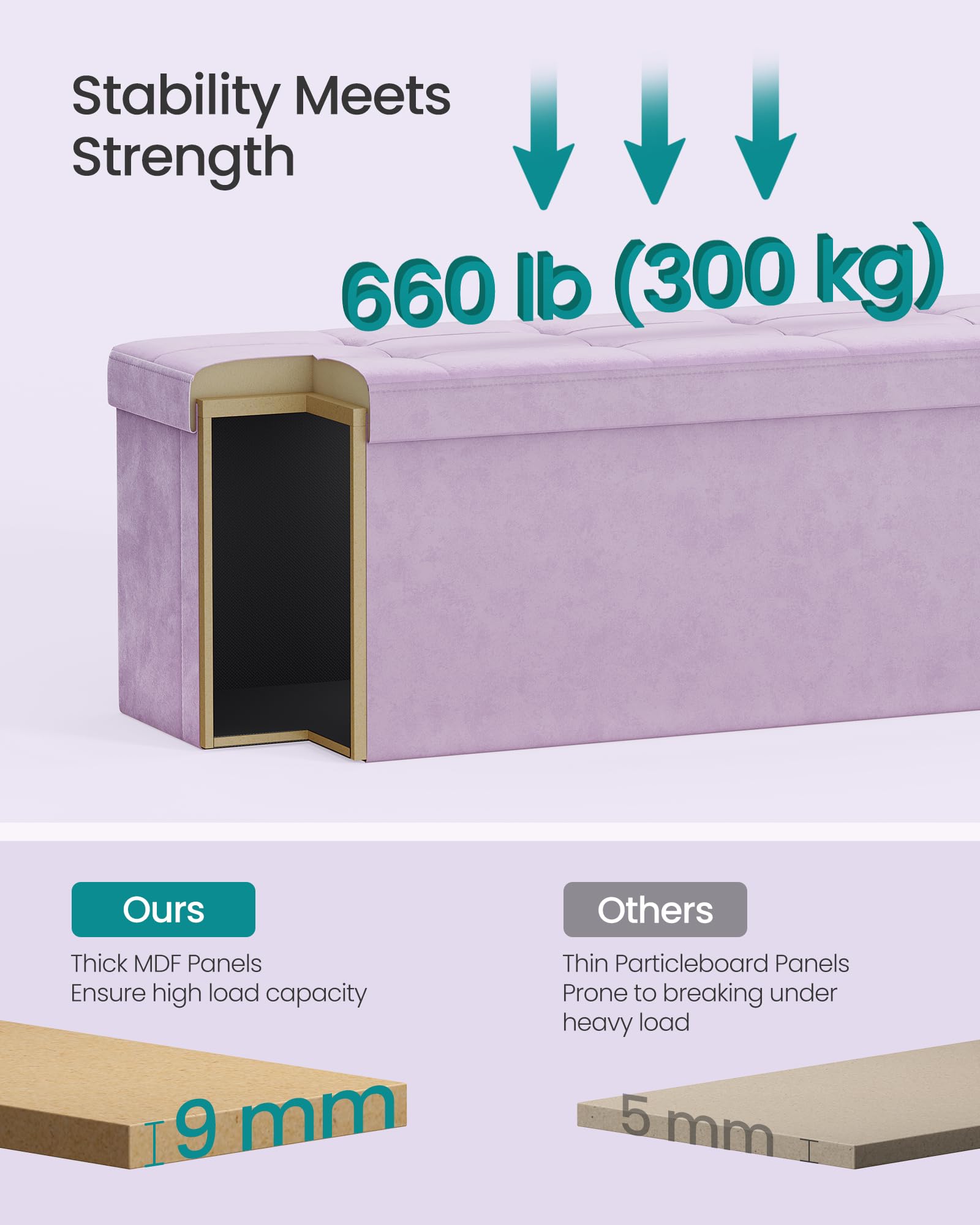 SONGMICS Mazie Collection - Storage Ottoman Bench, Foldable Foot Rest, 15 x 43 x 15 Inches, End of Bed Bench, Storage Chest, Load 660 lb, Living Room, Bedroom, Entryway, Jelly Pink ULSF277R01