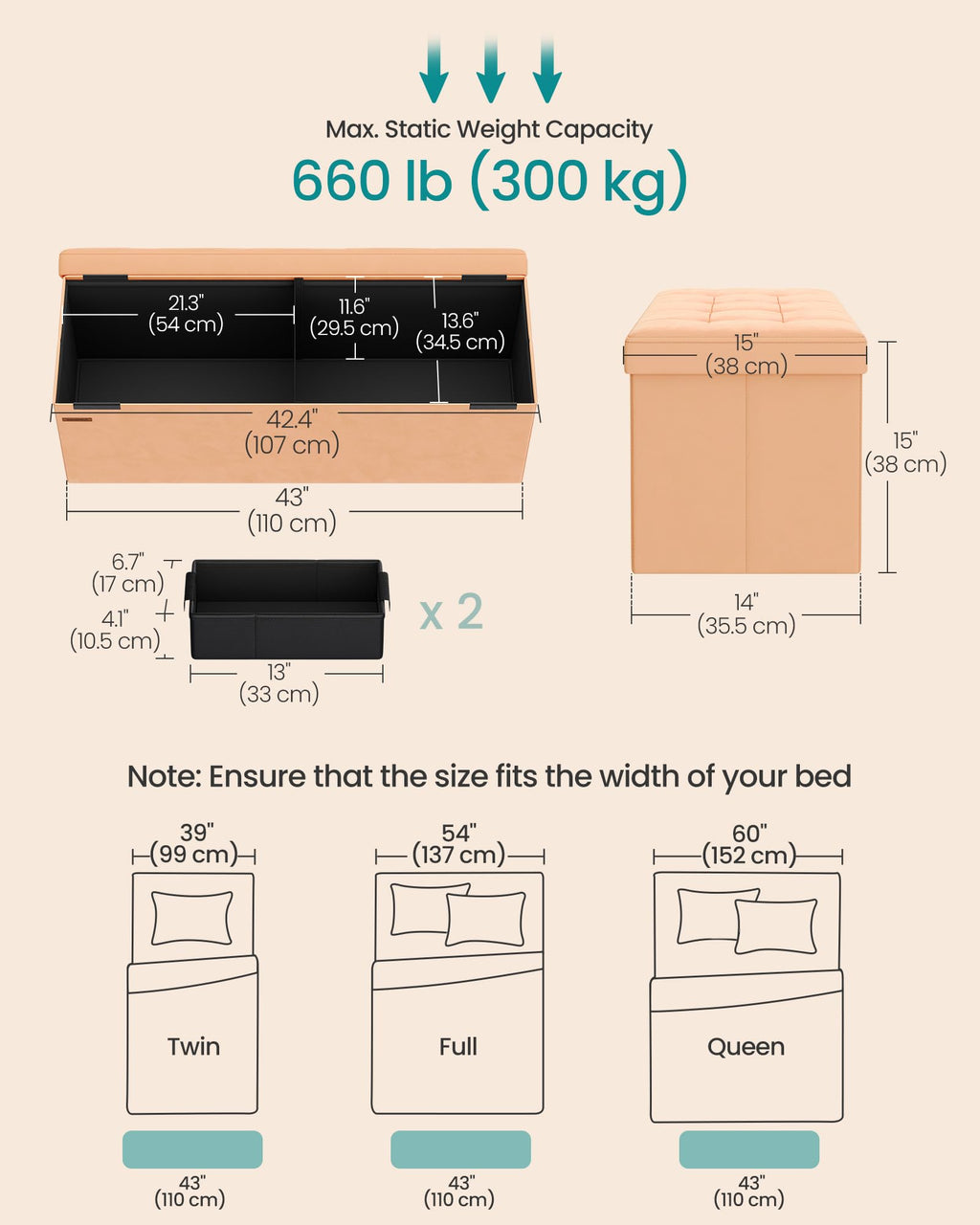 SONGMICS Mazie Collection - Storage Ottoman Bench, Foldable Foot Rest, 15 x 43 x 15 Inches, End of Bed Bench, Storage Chest, Load 660 lb, Living Room, Bedroom, Entryway, Jelly Pink ULSF277R01