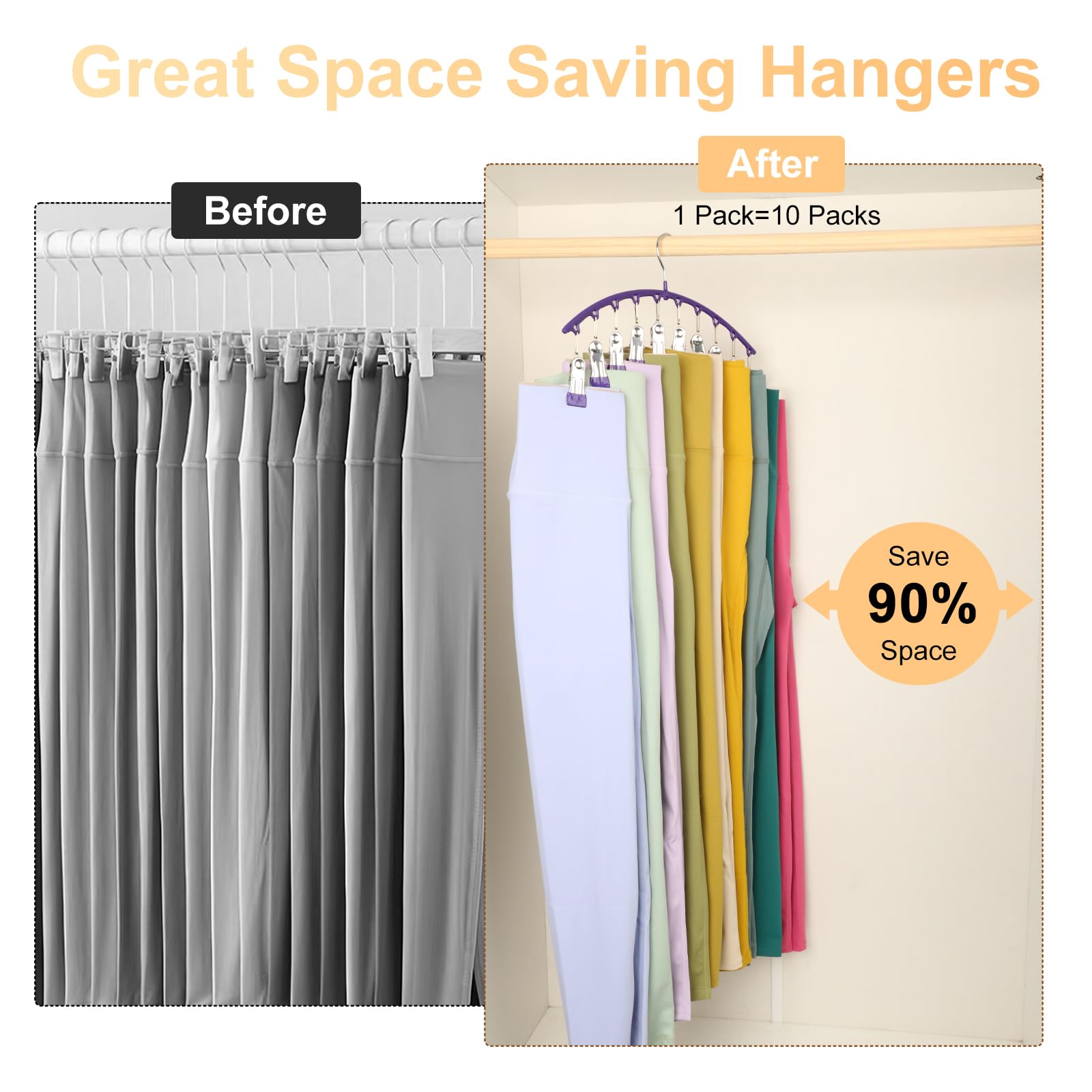 Legging Organizer for Closet, Metal Yoga Pants Hangers 2 Pack w/10 Clips Holds 20 Leggings, Space Saving Hanging Closet Organizer w/Rubber Coated Closet Organizers and Storage, Black