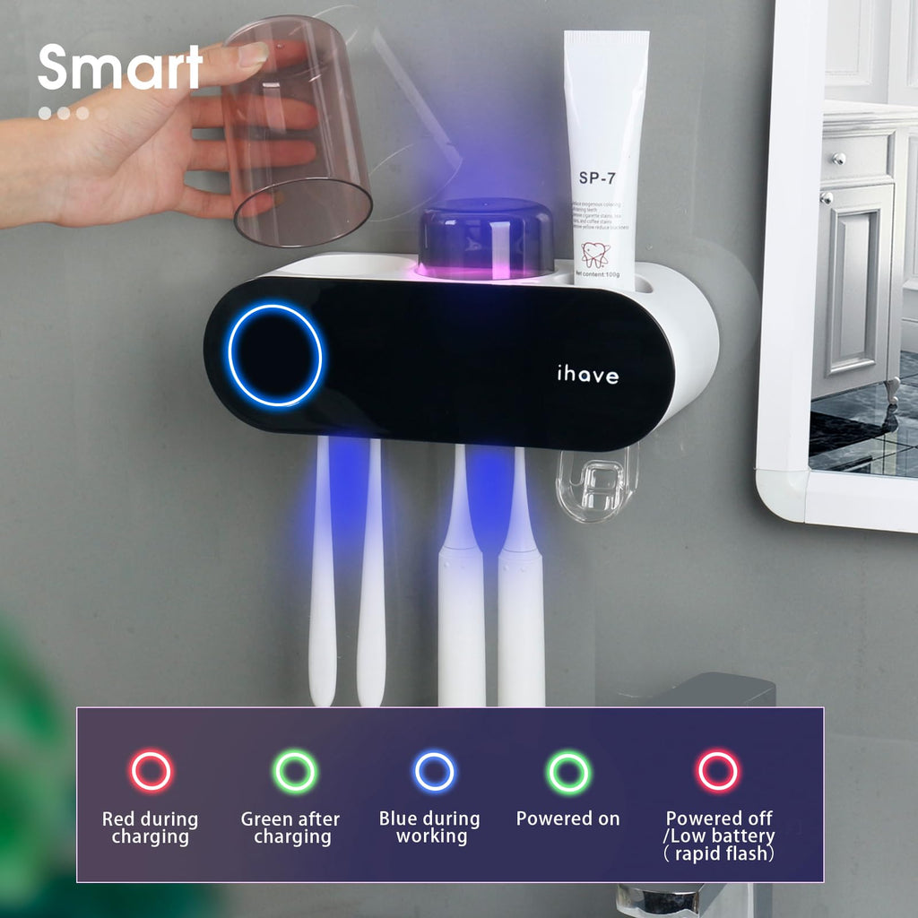 iHave Wall Mounted Electric Toothbrush Holders with 3 Cups, UV Sanitizer, Toothpaste Dispenser, Smart Home Bathroom Accessories & Decor, Black