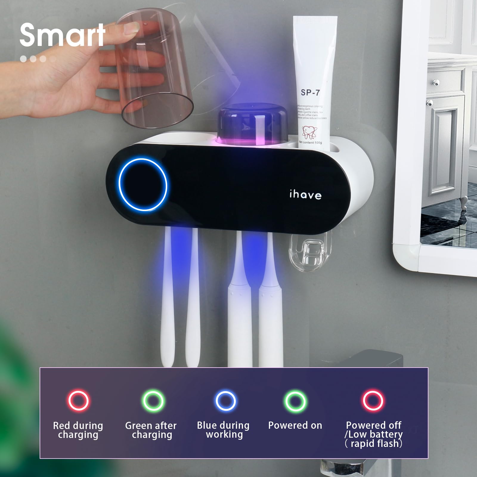 iHave Wall Mounted Electric Toothbrush Holders with 3 Cups, UV Sanitizer, Toothpaste Dispenser, Smart Home Bathroom Accessories & Decor, Black