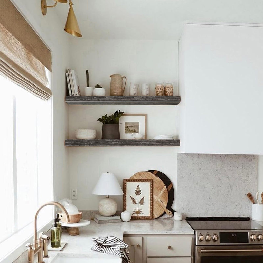 QEEIG Bathroom Floating Shelves for Wall - 15.7" Wall Mounted Shelf Over Toilet Farmhouse Home Decor Display Bookshelf Small 15.7 x 6.7 inch Set of 2, Rustic Brown (008-40BN)