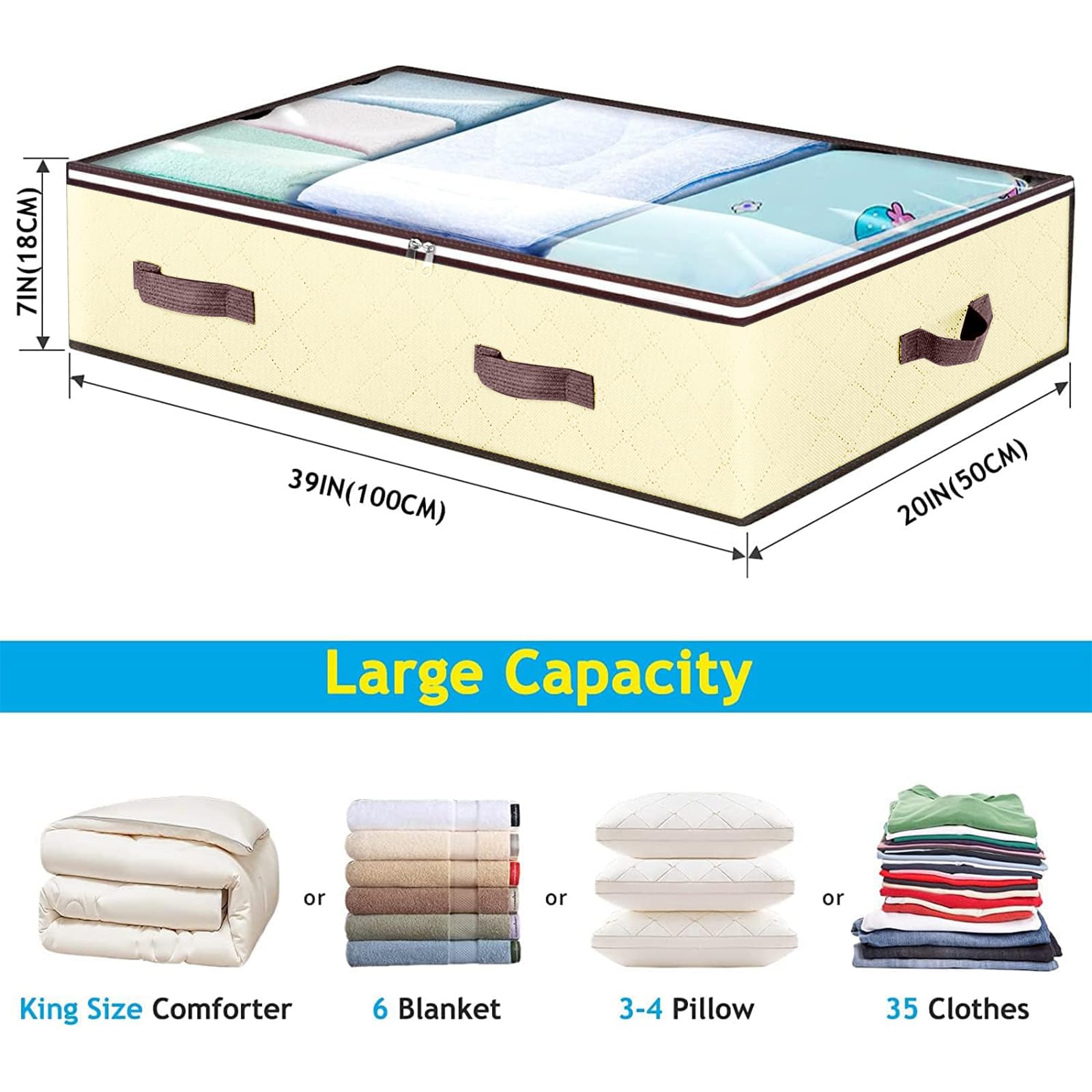 Budding Joy 90L Under Bed Storage Containers, Closet Organizers and Storage Bins, Foldable Underbed Storage Bags for Blanket, Clothing, Comforter, Sweaters, Pillows, Linen Sheets, Wrapping Paper, Grey