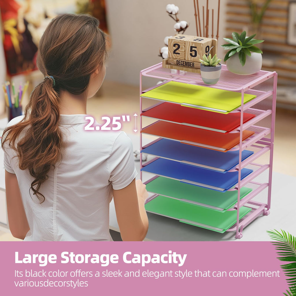 Simple Trending 7 Tier Desk File Organizer, Letter Tray Paper Organizer with Pen Holder and Metal Hanging Basket, Black