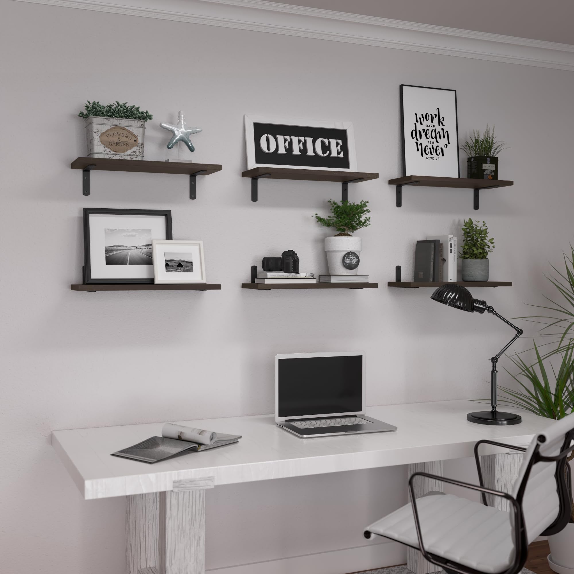 WOPITUES Wood Floating Shelves Set of 6, Shelves for Wall Decor, Farmhouse Shelf for Bedroom, Bathroom Storage Shelves, Book Shelves for Living Room - Rustic Brown