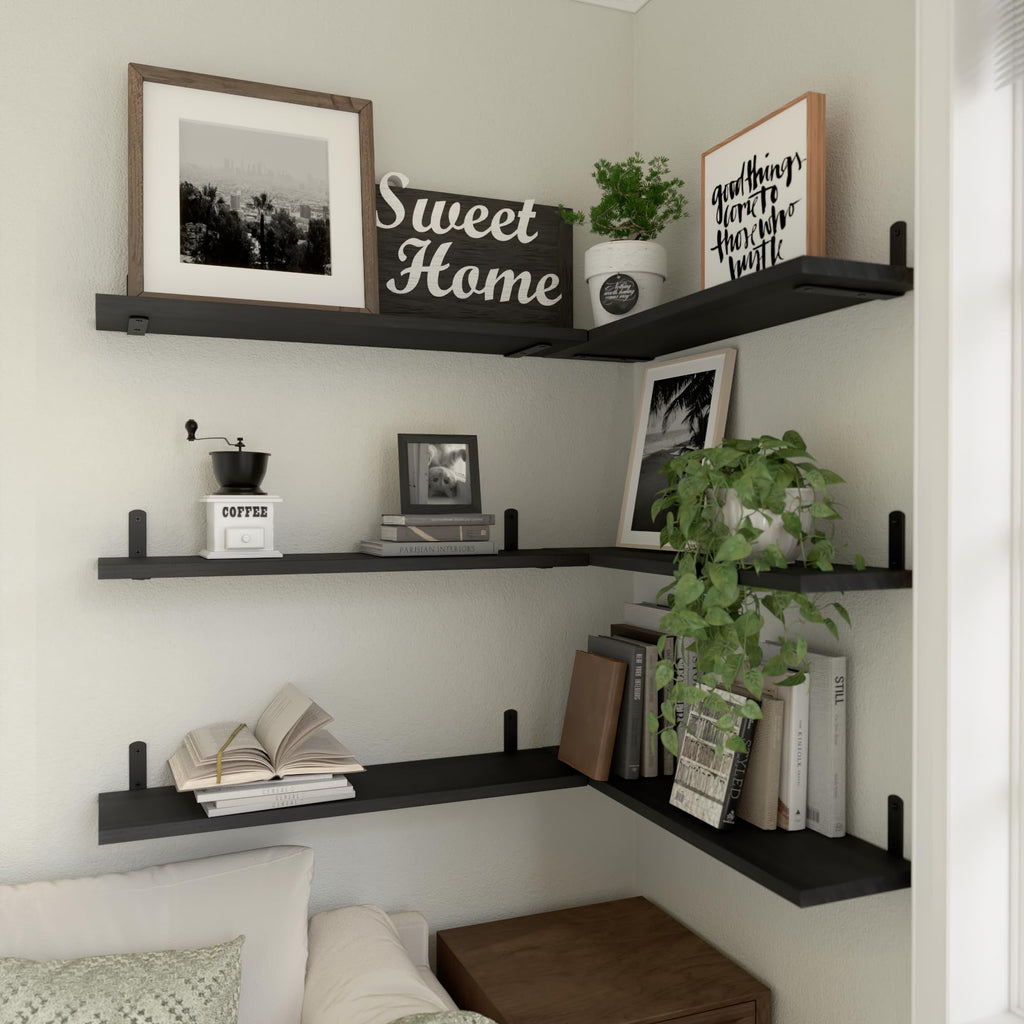 WOPITUES Wood Floating Shelves Set of 6, Shelves for Wall Decor, Farmhouse Shelf for Bedroom, Bathroom Storage Shelves, Book Shelves for Living Room - Rustic Brown