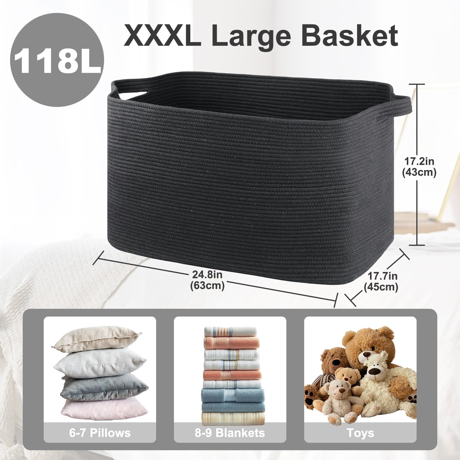 95L Extra Large Blanket Basket, 24" x 16.9" x 14.2" Woven Storage Basket for Living Room, Rectangle Nursery Blanket Storage for Toys, Towels, Dirty Clothes (Black)