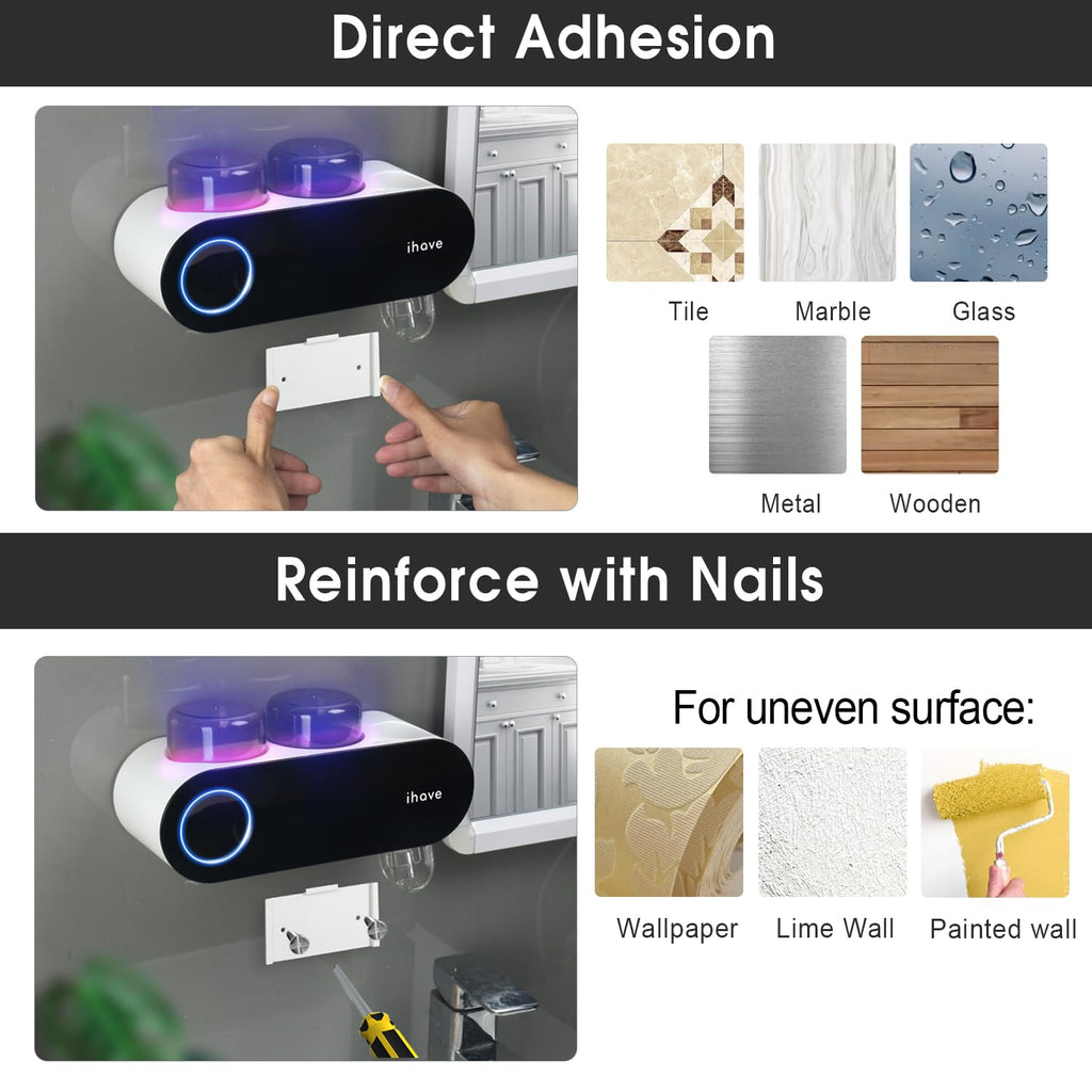 iHave Wall Mounted Electric Toothbrush Holders with 3 Cups, UV Sanitizer, Toothpaste Dispenser, Smart Home Bathroom Accessories & Decor, Black