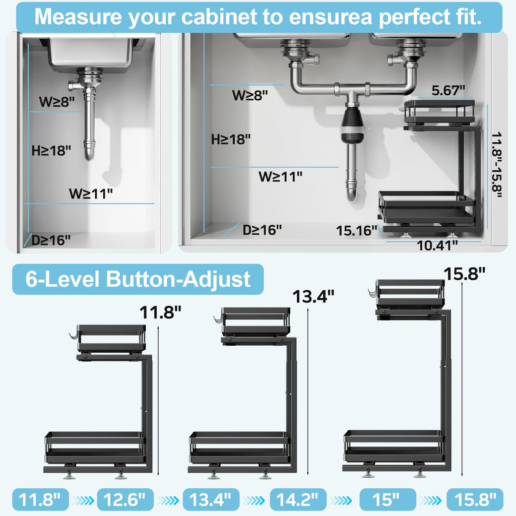 Under Sink Organizer, JCYLQ Dual-Rail Ball-Bearing, Under Kitchen Sink Organizer, 6-Level Adjustable, Under Cabinet Storage, No-Drill Adhesive/Suction, Under Sink Organizers and Storage (2-Pack)