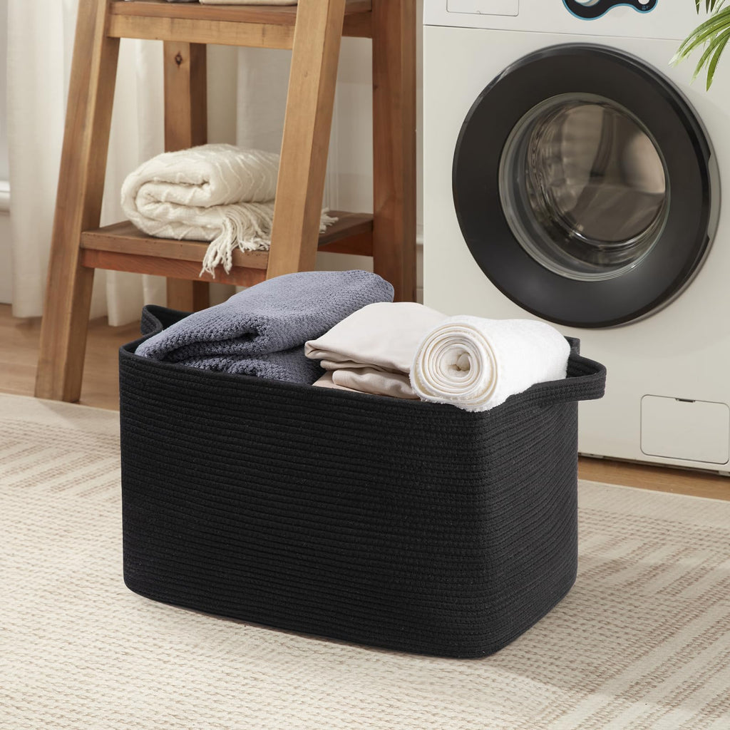 95L Extra Large Blanket Basket, 24" x 16.9" x 14.2" Woven Storage Basket for Living Room, Rectangle Nursery Blanket Storage for Toys, Towels, Dirty Clothes (Black)