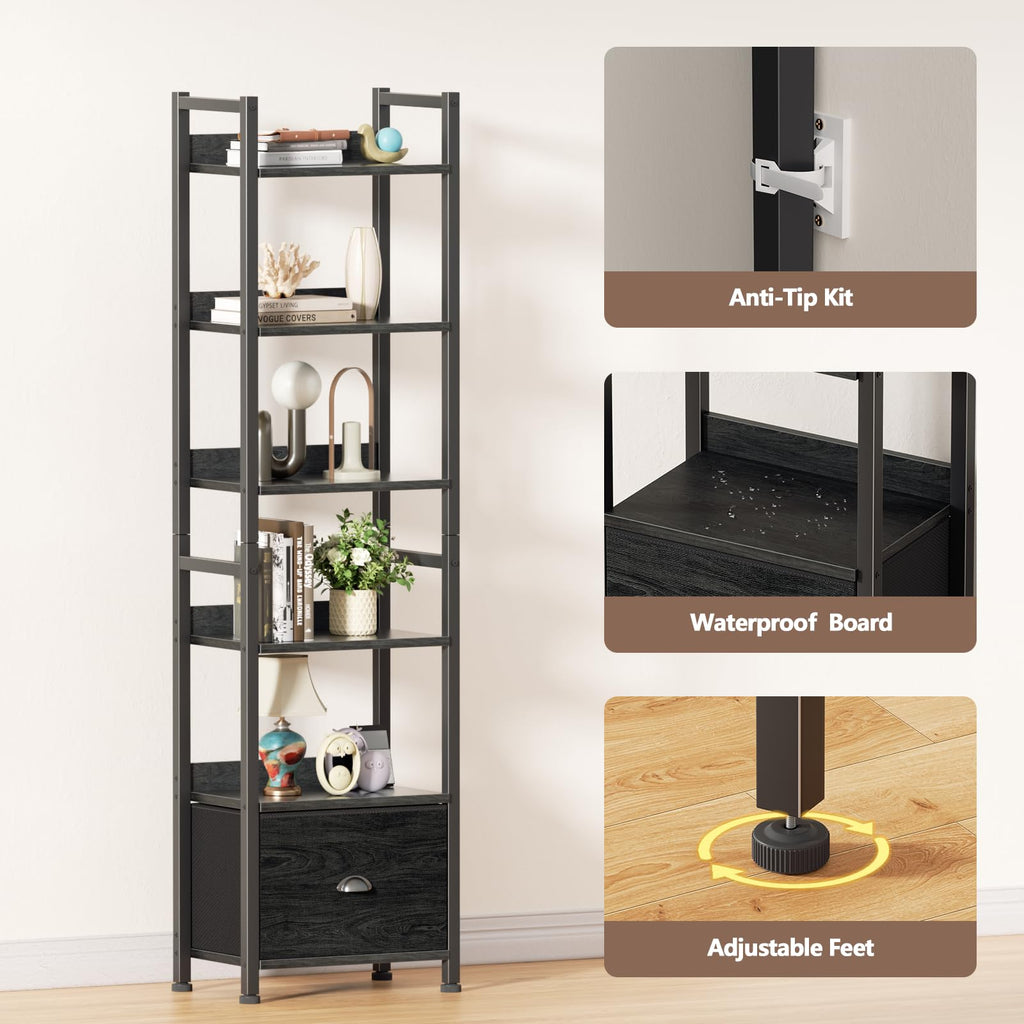 Furologee 5 Tier Bookshelf with Drawer, Tall Narrow Bookcase with Shelves, Wood and Metal Bookshelves Storage Organizer, Industrial Display Standing Shelf Unit for Bedroom, Living Room, Rustic Brown