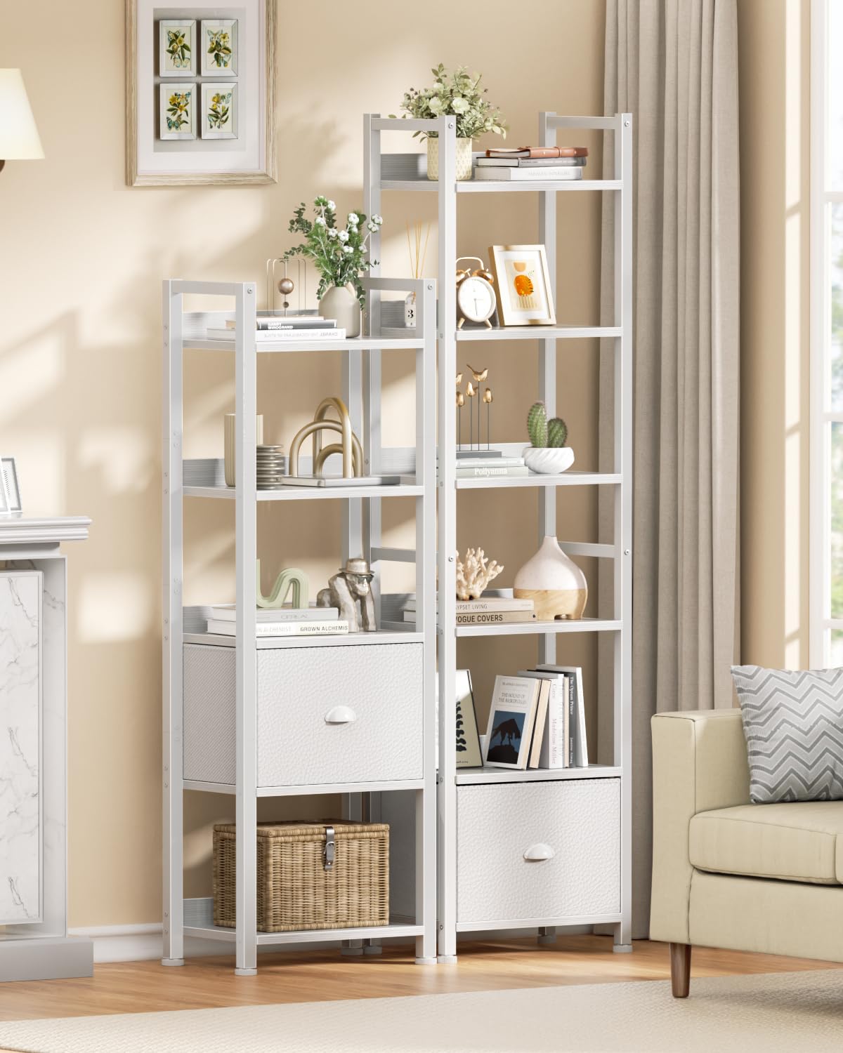 Furologee 5 Tier Bookshelf with Drawer, Tall Narrow Bookcase with Shelves, Wood and Metal Bookshelves Storage Organizer, Industrial Display Standing Shelf Unit for Bedroom, Living Room, Rustic Brown